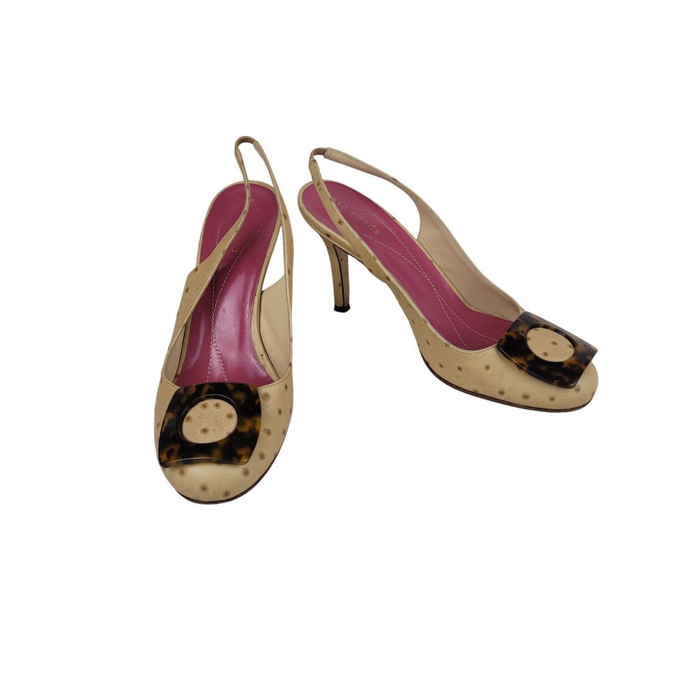 Kate Spade New York Ostrich Embossed Slingback Heels Tortoise Buckle‎ Beige 6B